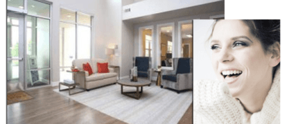 Apartment lobby and woman smiling