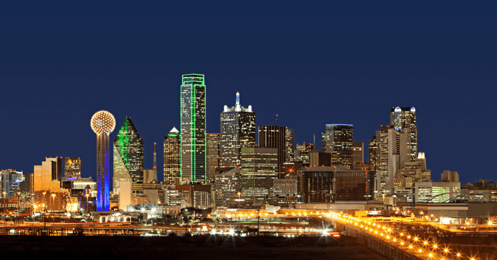 Dallas landscape view at night with all the city lights
