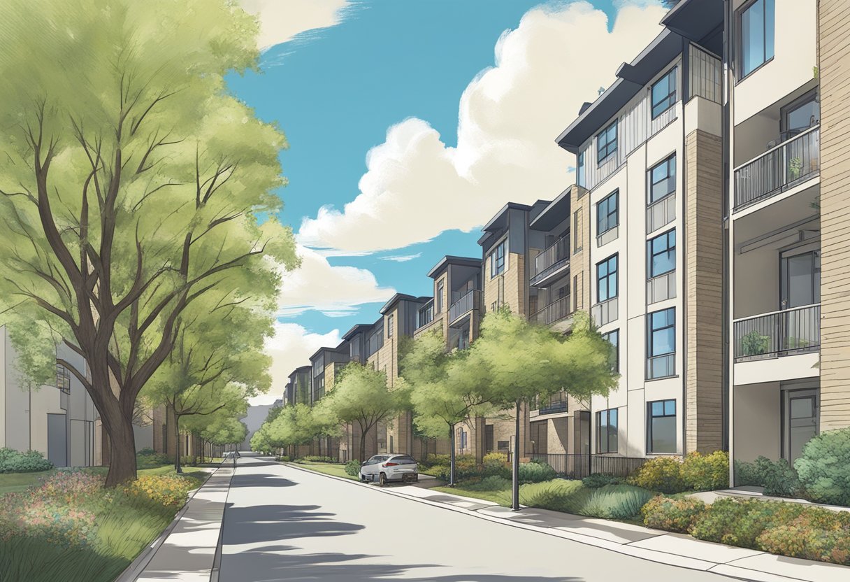 Modern apartments with trees on street